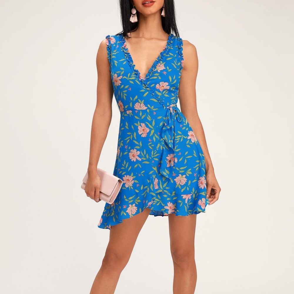 Lavina Blue Floral Print Ruffled Wrap Dress large